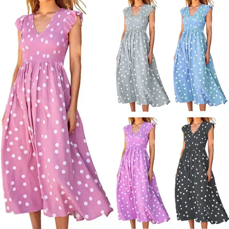 

Women Spring Summer Short Sleeve High Waist Chic Dress Fashion Floral Pleated A Line Long Dress Polka Dot Jacquard Long Dress