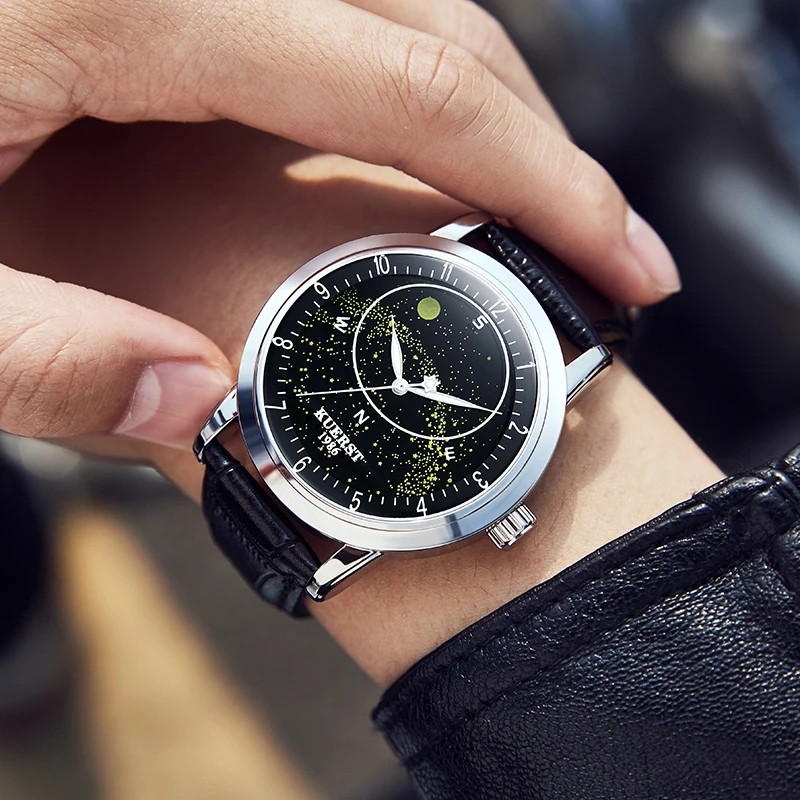 Cow Leather Band Men Watch Mechanical Women Steel Band Watch Unique Star Sky Plate Wristwatch