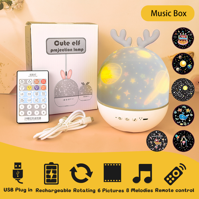 Duck Rotating Starry Sky Projector Lamp Children Night Light Baby Gift Rechargeable Music Bluetooth Speaker Bedroom Decor