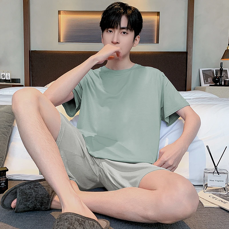 2024 Modal pajamas men's summer suit short sleeved shorts summer ice feeling youth men's home clothing can be worn externally