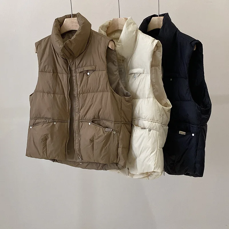

Filled Down Vest Women Winter 2022 Thick Waistcoat Warm Padded Sleeveless Jacket New Stand Collar Loose Vest White Duck Down Top