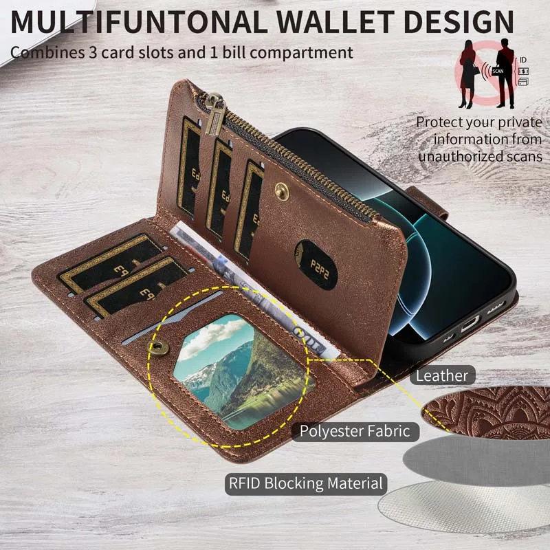 Zipper Leather Flip Phone Case with 9-Card Wallet Cover