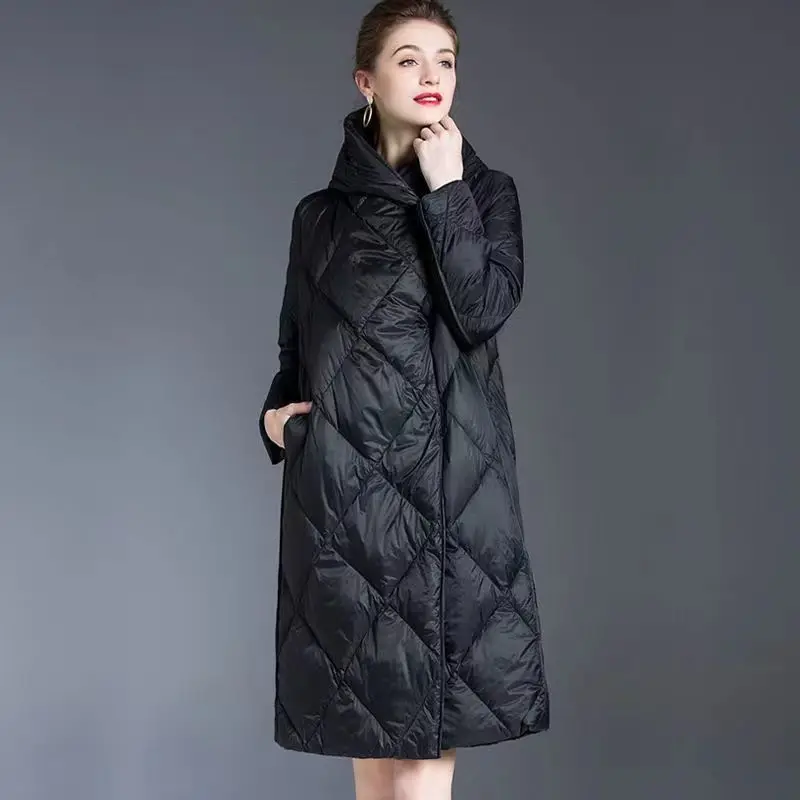 

Woman New Mid Length Hooded Loose Down Jacket Female Warm Fleece Hoodie Overcoat Autumn Ladies Coats Outerwear G729