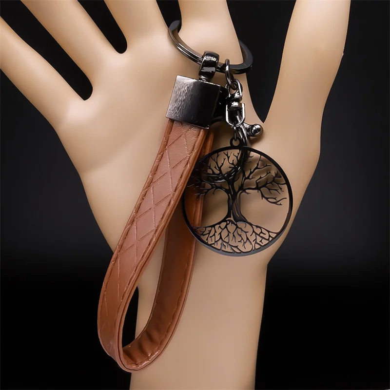 Baum des Lebens Edelstahl Anhänger Schlüssel anhänger schwarze Farbe Baum Pu Leder Schlüssel bund Handtasche Zubehör Auto hängen Schmuck k824s