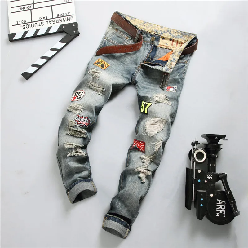 

High Quality European and American Men's Jeans Badge Straight Leg Jeans Men's Clothes Stick Cloth Ripped Men's Trousers