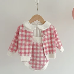 Autumn Spring Newborn Baby Girls Knitting Clothing Set Plaid Long Sleeve Cardigan Coat+Sleeveless Rompers Children Clothes Suit