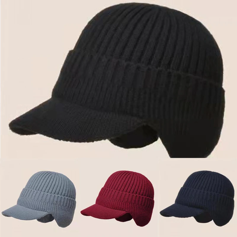 

2023 New Fashion Winter Casual Hat Men's Ear Protection Hat Warm with Brim Russian Bomber Hats Windproof Knitted Trapper Cap