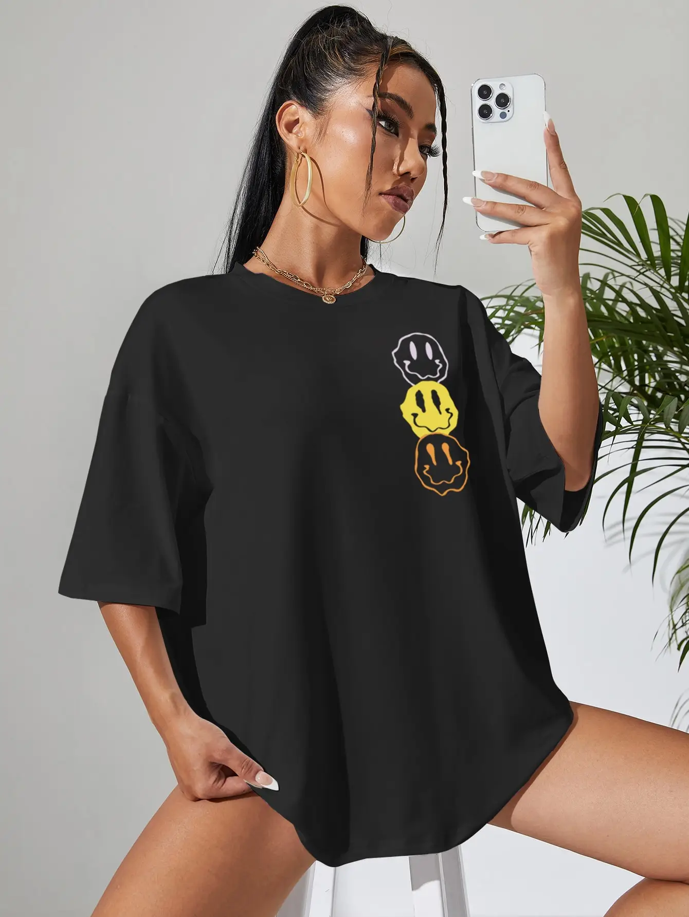 Unhappy Face Cotton Printed Oversized Women's Crew Neck Tee