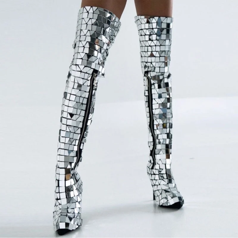 Folk Dance Singer Party Show Mirror Shoes Women Stage Show Costume Over Knee Boots Nightclub Gogo Mirror boot cocovers