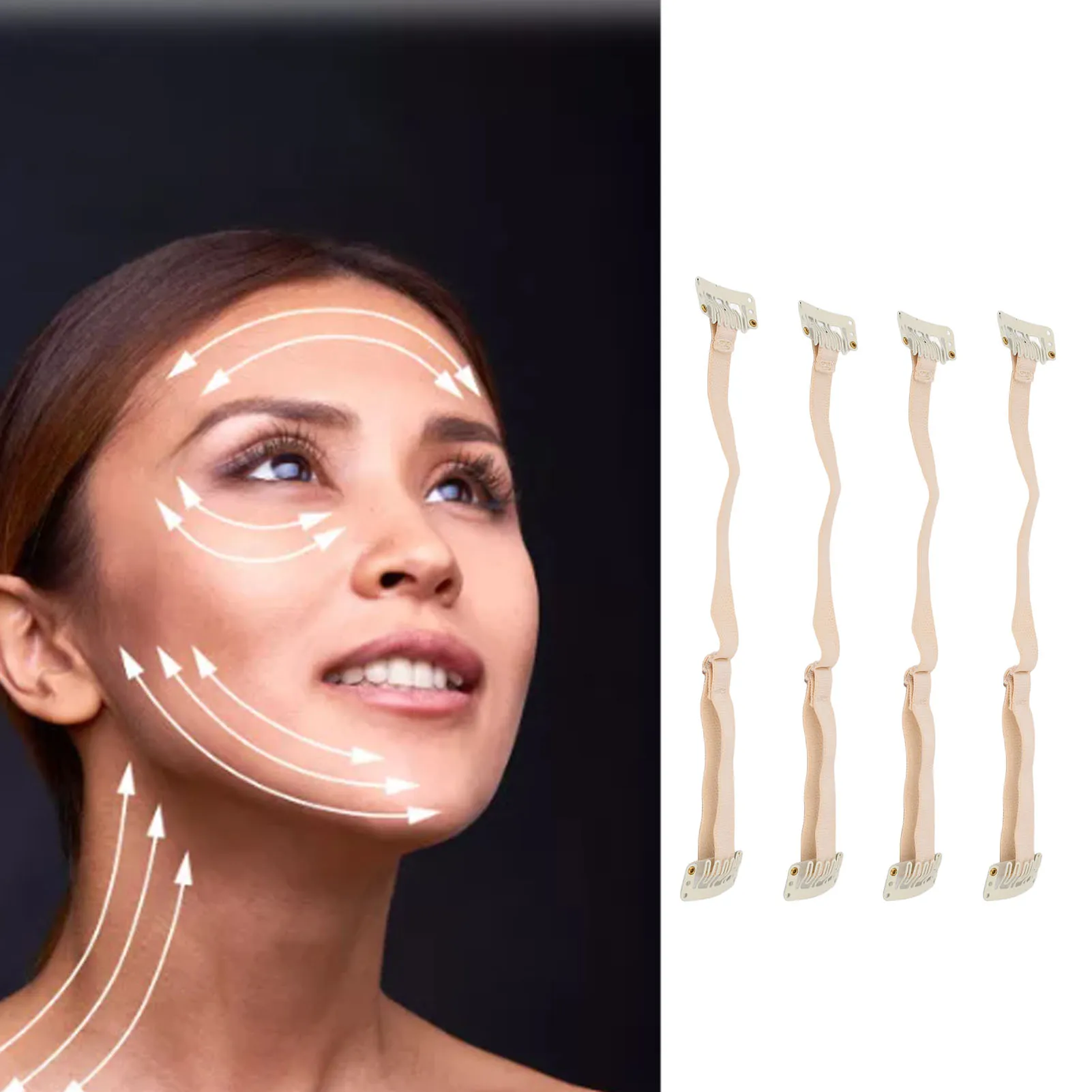4pcs Face Lift Bands with Clip Women Adjustable Elastic Face Lifting Strap Patch for Hair White
