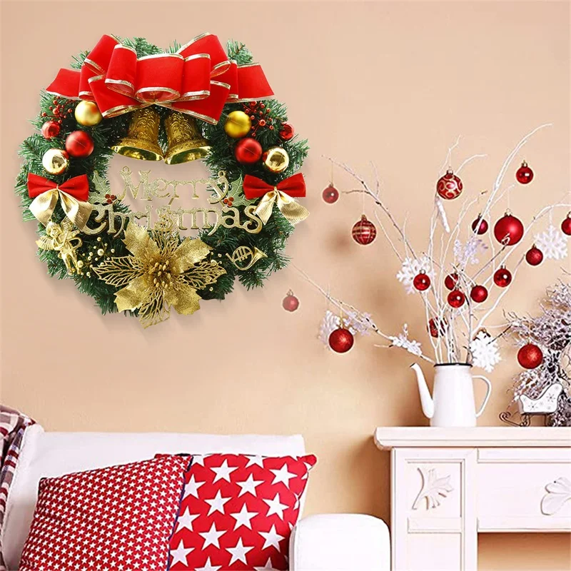 

Merry Christmas Wreath Gorgeous Holiday Wreath Garland with Red Bow, Poinsettias for Front Door Decoration