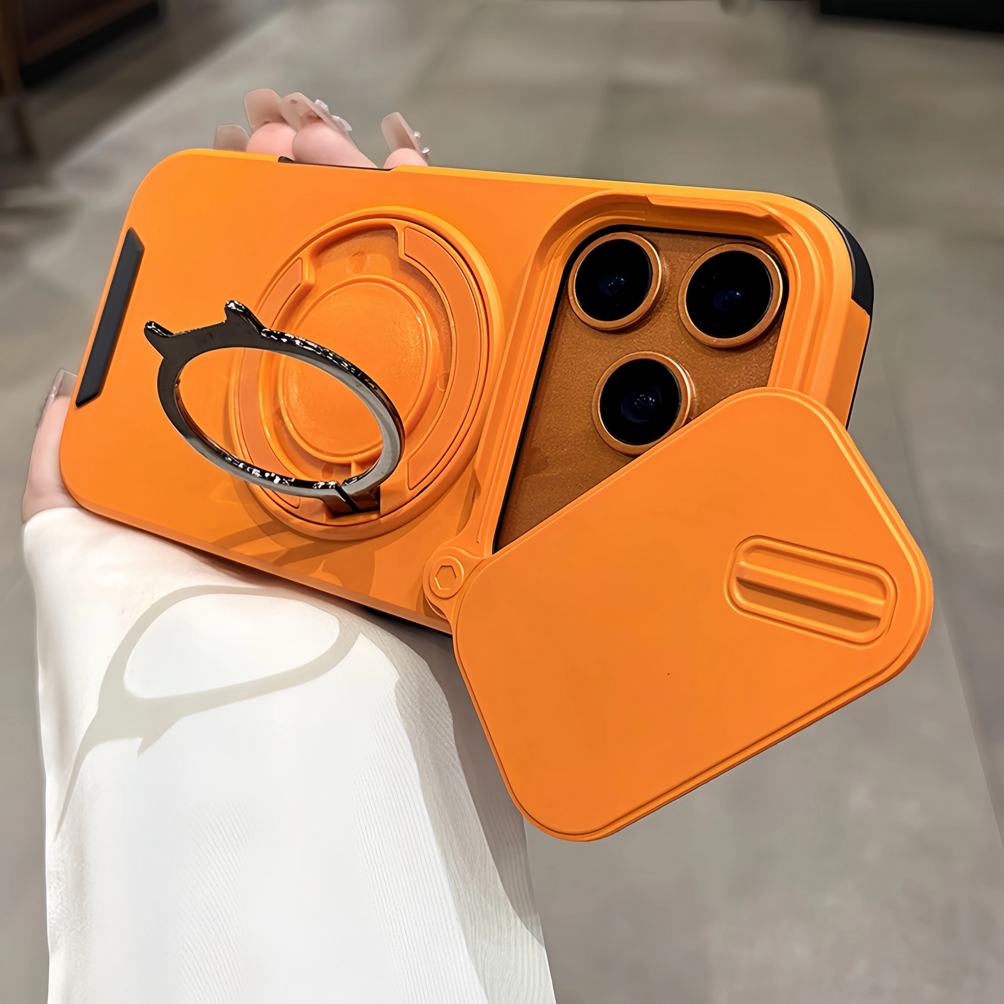 Luxury Heavy-Duty Armor Slide Camera Case with Magnetic Rotate Ring Holder