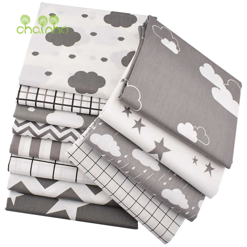 Chainho,Printed Twill Weave Cotton Fabric,DIY Sewing Quilting Material,Patchwork Cloth,9 Designs Gray Clouds Star,2 Sizes,15C114