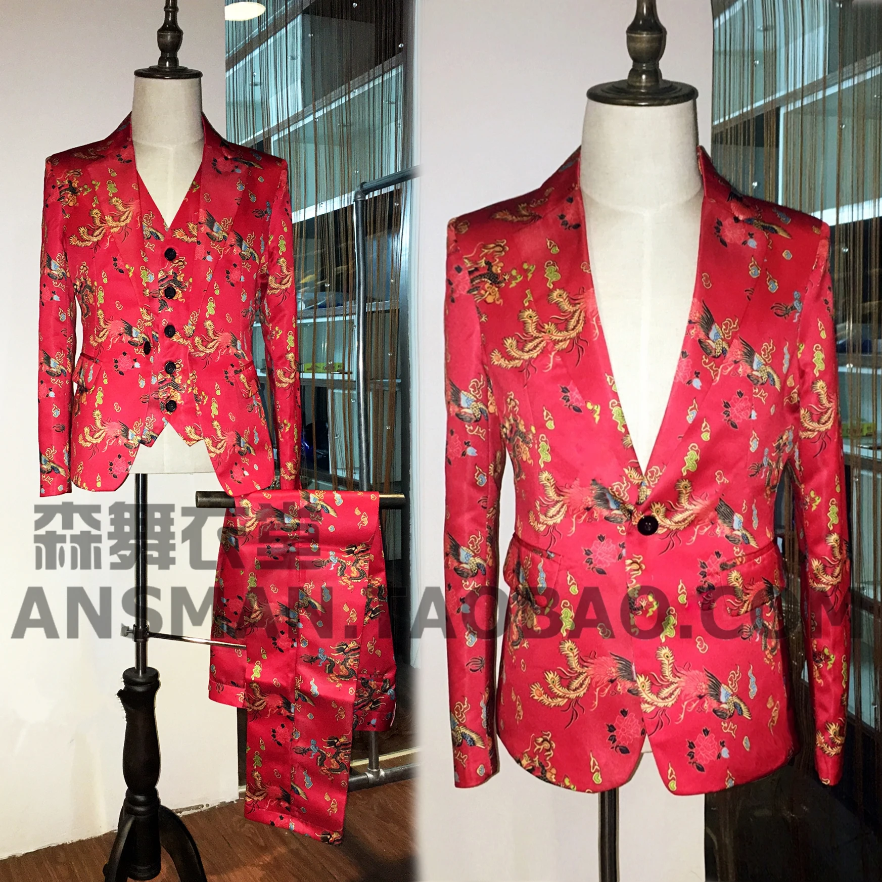 

New Nightclub Bar Singer DJ Hosts Vintage Fashion Red Dragon Pattern Phoenix Tail Men's Casual Performance Suit Three Piece Set