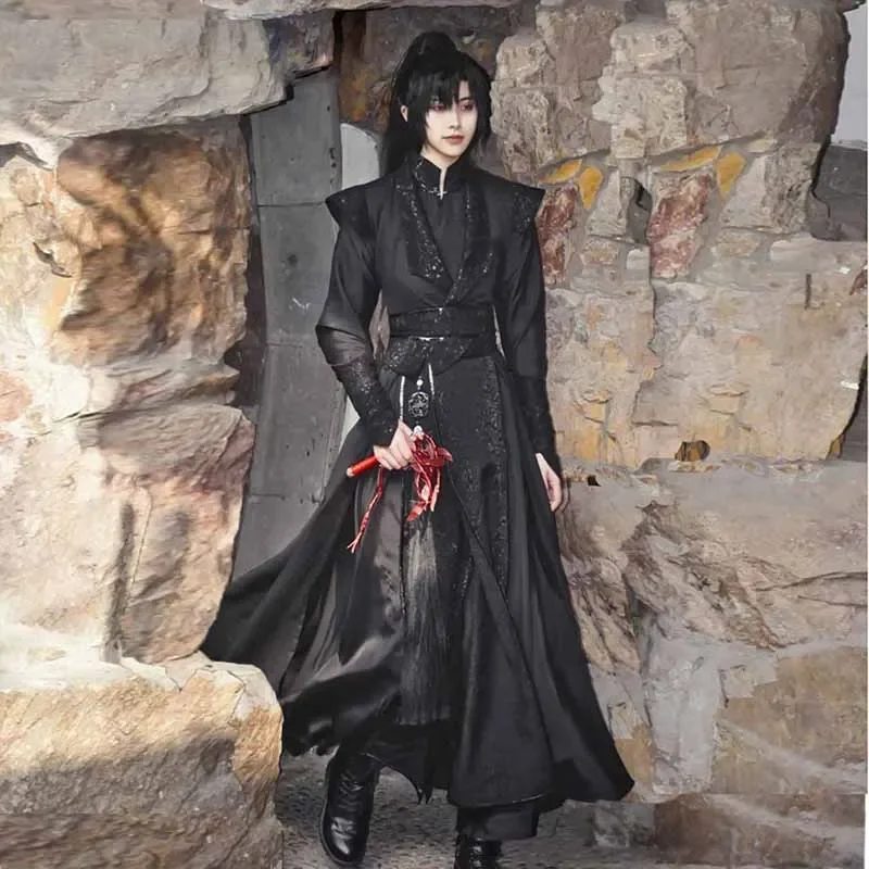 Vintage Gothic Sets Male Carnival Halloween Cosplay Costume Party Outfit Chinese Traditional Hanfu Black Sets For Men 2022 woman winter black basic woolen mini short skirts y2k clothes sets oem korean fashion gothic elegant vintage dress new crop