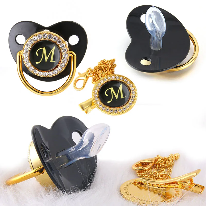 Black Bling Baby Pacifier and Pacifier Clips BPA Free Infant Pacifier Gold Letter Unique Name Initials Newborn Dummy Soother 4 S13811fdf5da942b0b1d3628c5fe6b532i