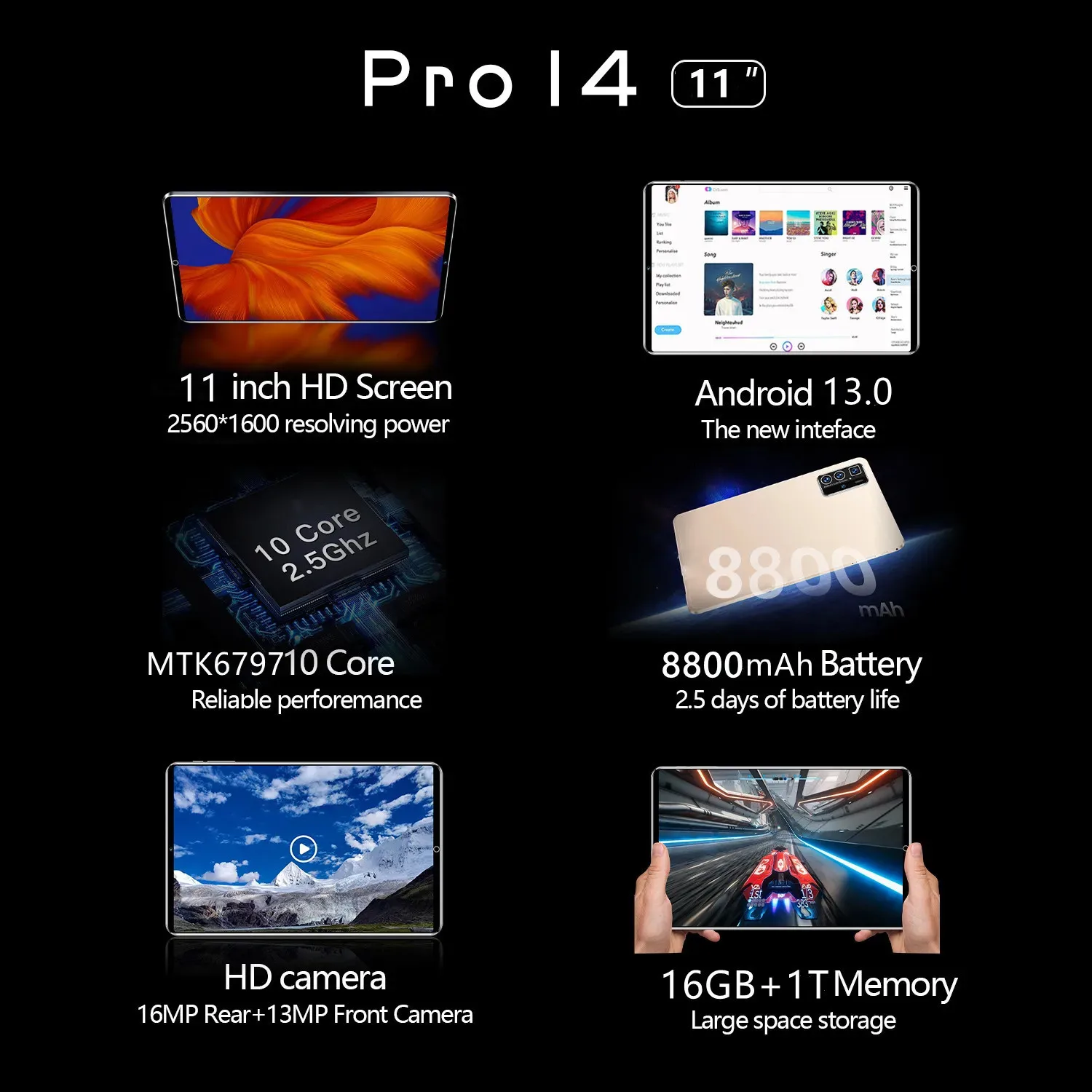 Original Android 13 Tablet PC, Dual SIM, WPS, GPS, Bluetooth, Rede 5G, Chamada Telefônica, 16GB RAM, 1TB ROM, 10 Core, 11 