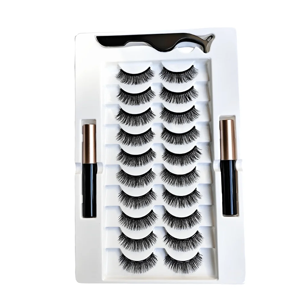10Pairs Magnetic Lashes And Eyeliner Set Party Makeup Extension No Glue Required with Two Liquid Magnetic Eyeliners And Tweezers