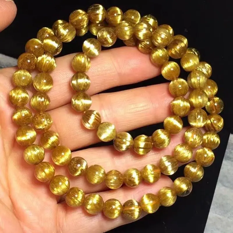 UMQ Natural Brazil Crystal Cat Eye Hair Plate Rutile round Beads Multi-Circle Bracelet Gold Rutilated Quartz Gemstone Bracelet