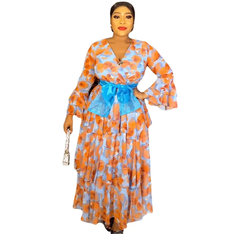 

2023 Summer Chiffon Dresses For Woman Turkey African Wedding Party Gown Dashiki Print Boho Robe Ruffle Sleeve Dress Clothing