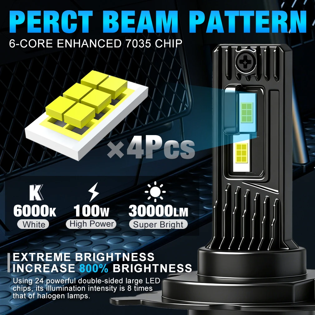 S&D H4 LED 헤드라이트 안개등 100W 30000LM H4 자동차 헤드라이트 전구 자동차 주행용 LED 캔버스 라이트 6000K 화이트 자동차 헤드램프