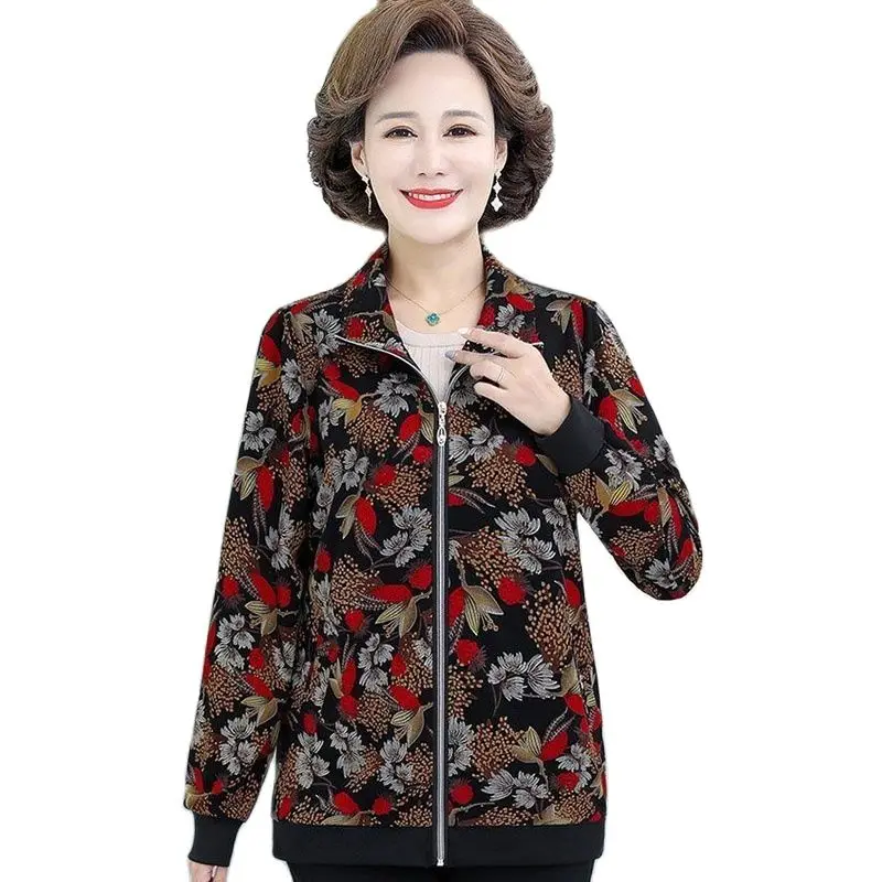 

New Fashion Spring Autumn Jackets Women's Thin Tops Middle-Aged Older Mom Casual Printed Short Coats Zipper Outerwear Female 5XL