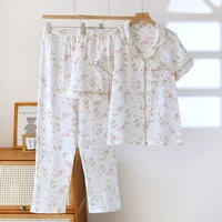 2026 New Spring/Summer Women's Pajama Set 100% Cotton Crepe Cute Thin Short Sleeve+Shorts+Pants Home Clothes 3-Piece Set - Image 4