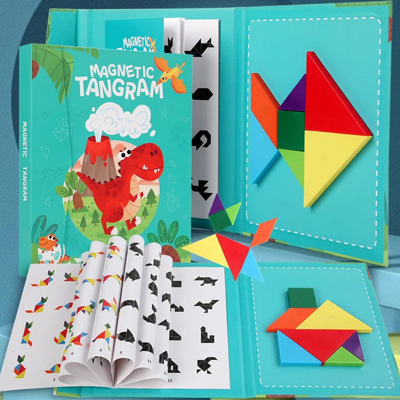 Wooden Jigsaw Magnetic Tangram Puzzle Book Educational Toys For Children Baby Kid