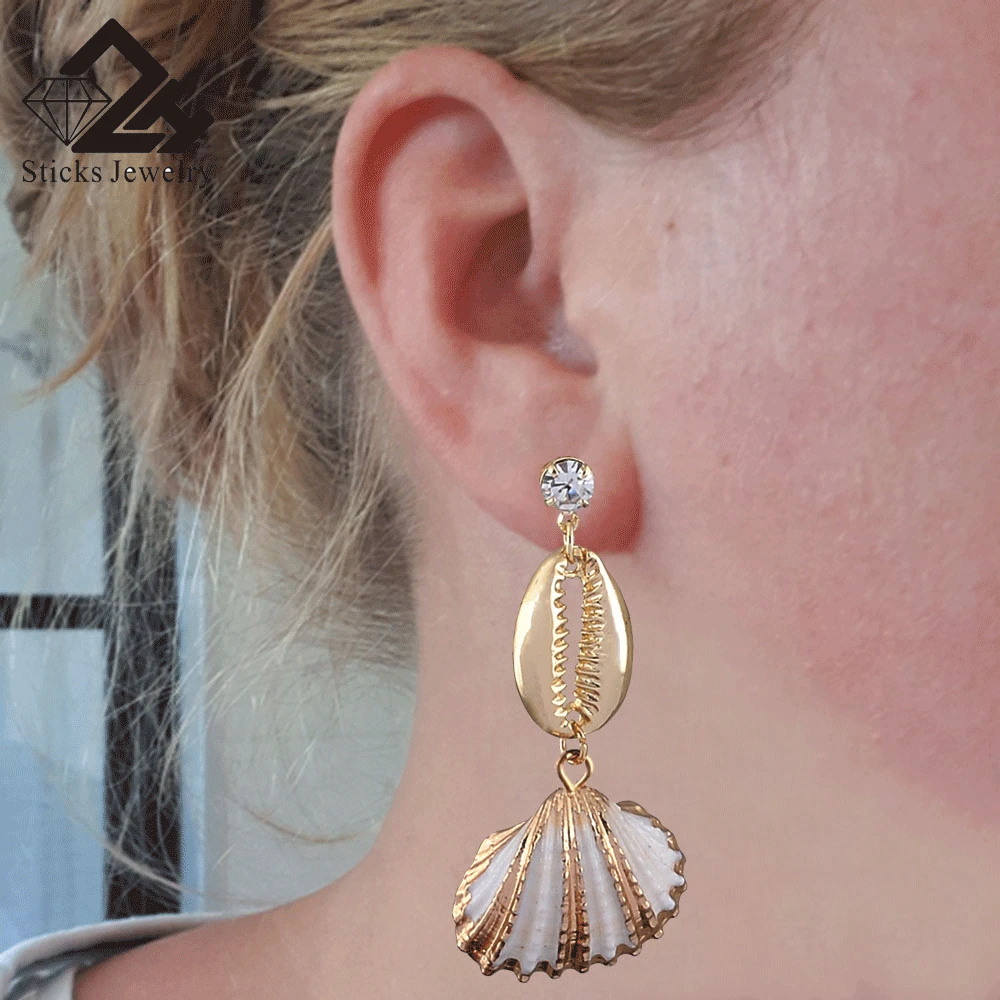 Shell Earrings For Women Gold Color Trendy Metal Shell Cowrie Statement Dangle Earrings 2019 New