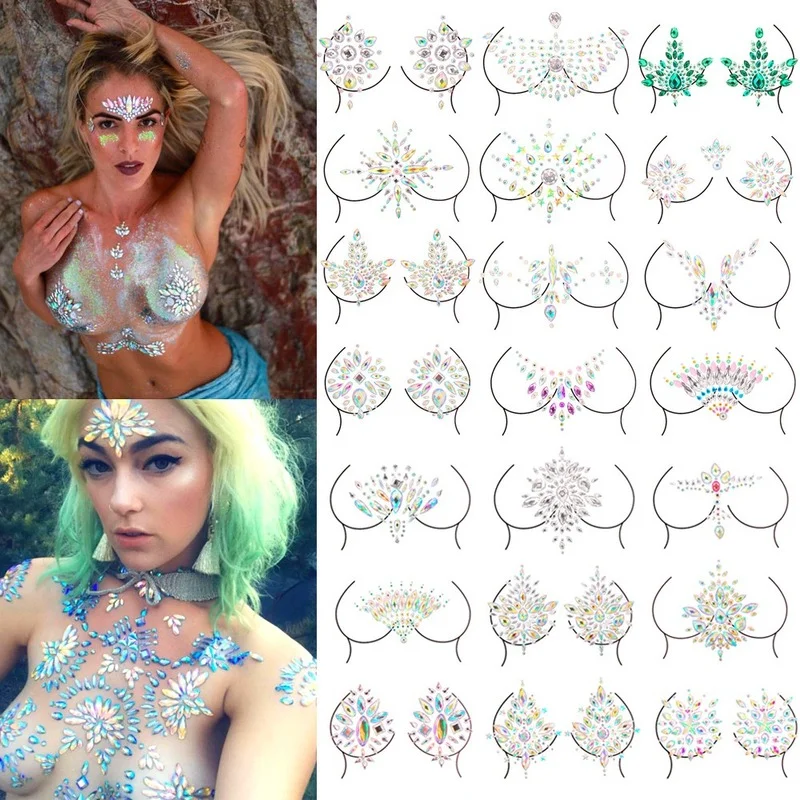3D Sexy Chest Crystal Resin Diamond Tattoo Sticker Bar Music Festival Rhinestone Tattoo Sticker Carnival Party Chest Ornament new k pop korean sexy clothes women rhinestone dress fashion clothes concert outfits music festival clothing rave stage costume