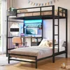 Bunk Bed Twin Over Twin W Desk, Led Lights & Storage Shelves and Drawers, Safety Guardrail and Ladder, L-Shaped Children Bed 1