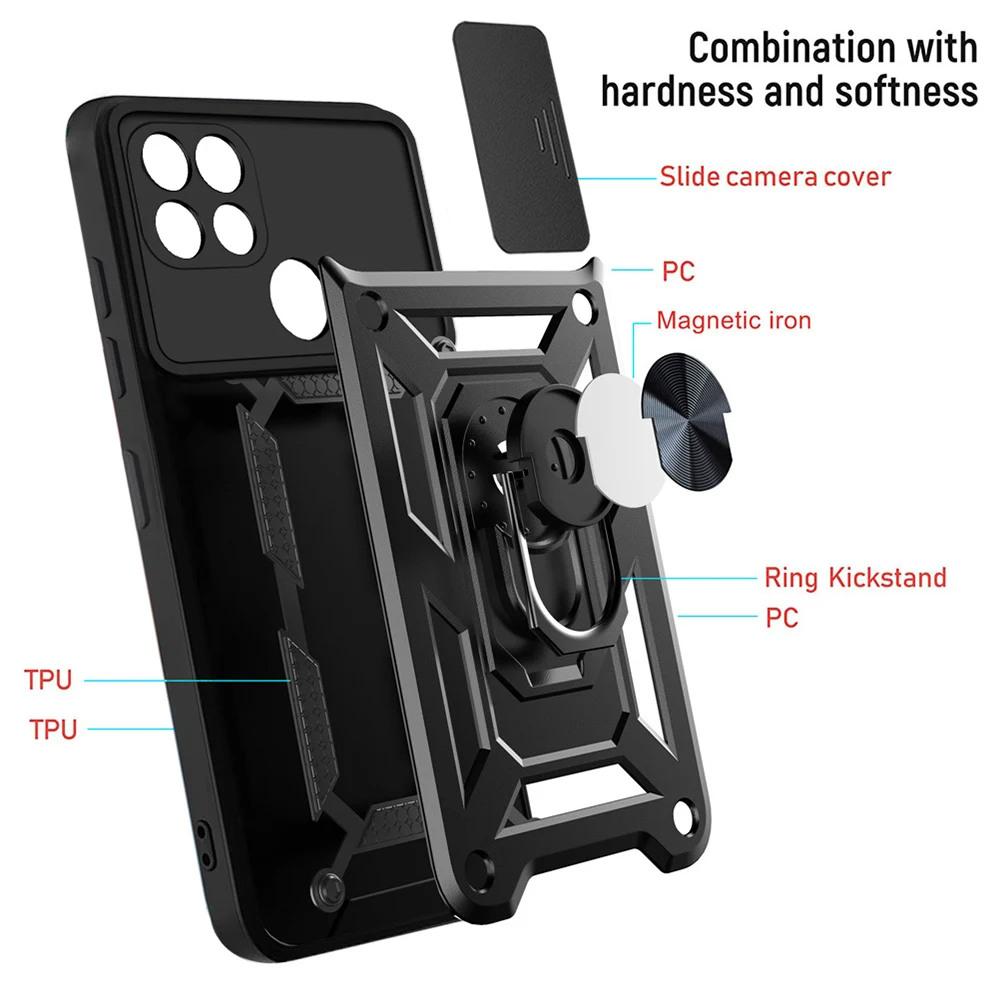Shockproof Armor Case with Ring Holder and Slide Lens Cover Protection