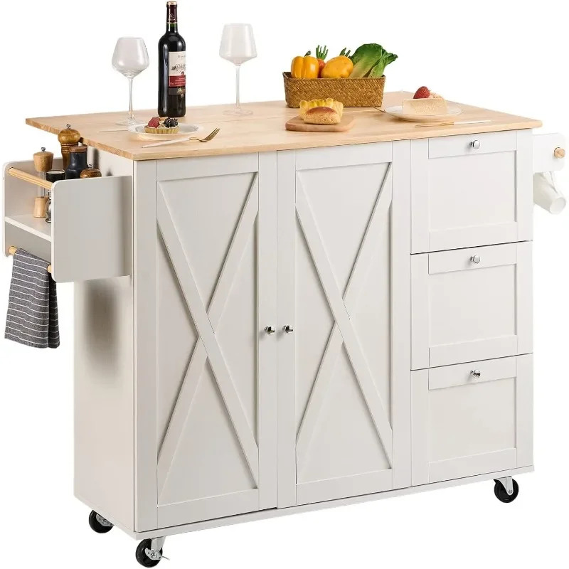 Kitchen Island Cart with Solid Wood Top, 45.3" Width Mobile Carts with Storage Cabinet, Rolling Kitchen Table with Spice Rack