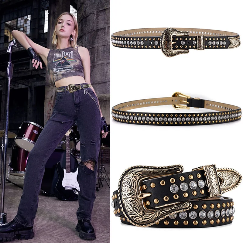 Punk Pu Studded Belt For Women Retro Gothic Punk Y2k Waist Strap Designer Luxury Brand Female Jeans Trouser Decorative Waistband