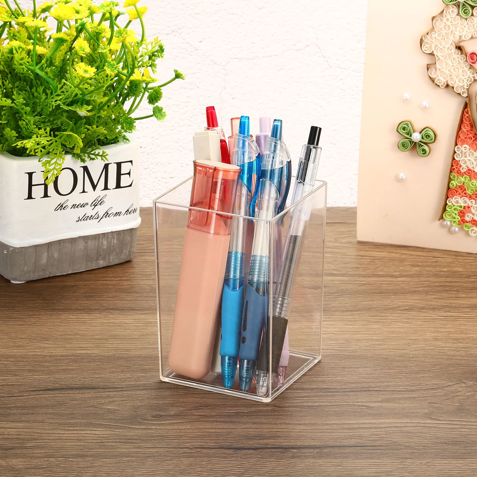 Acrylic Pen Holder Makeup Brush Clear Holder Desktop Pencil Organizer Pencil Cup Stationery Box Office Organizer Accessories