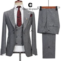 Cenne Des Graoom Elegant Grey Tweed Suits For Men Single Breasted 1 Buttons Jacket Vest Pants Slim Fit Wedding Business Meeting 1