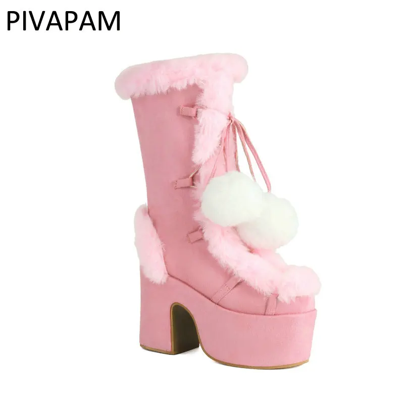 

Winter Snow Boots for Women Block High Heel Faux Fur Lady Shoes Female Plush Warm Zip Mid Calf Boots Goth Shoes Cosplay Boots