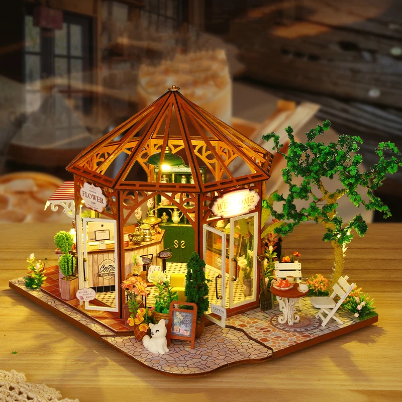 DIY Wooden Miniature Model Kit Flower Coffee Store Casa 3D Puzzle Dollhouse With Furniture Lights Home Decor for Friends Gifts 5
