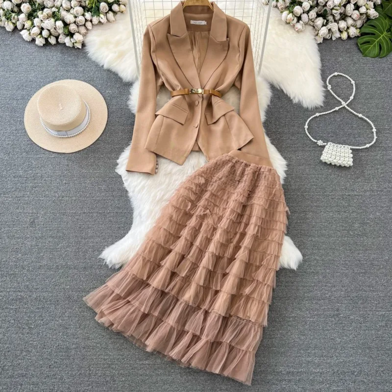 

Women Fashion Elegant Casual Blazer Skirts Suit Vintage Chic Solid Jackets Coat Mesh Midi Saya Two Pieces Set Female Outfits New