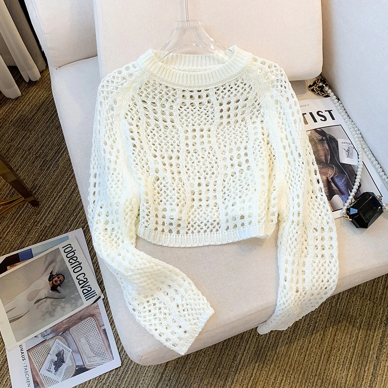 

2023 Fall Solid Color Crewneck Korean Hollow Out Y2K Short Hotsweet Knitwear Sweater for Women Trendy Long Sleeve Knitted Top