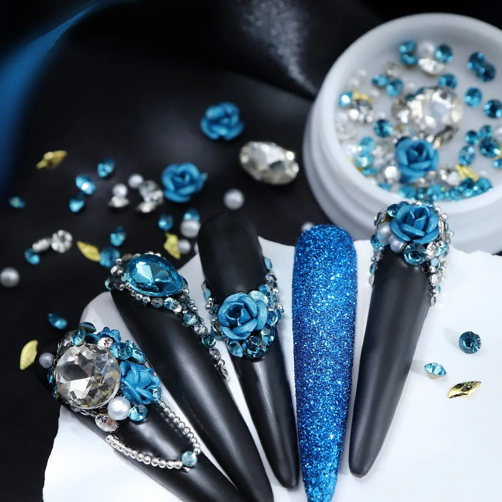 

1 Box Alloy Blue Rose Flower Jewelry Accessories Shining Rhinestone Decoration Gems Pearls Valentines DIY Nail Art Crafts