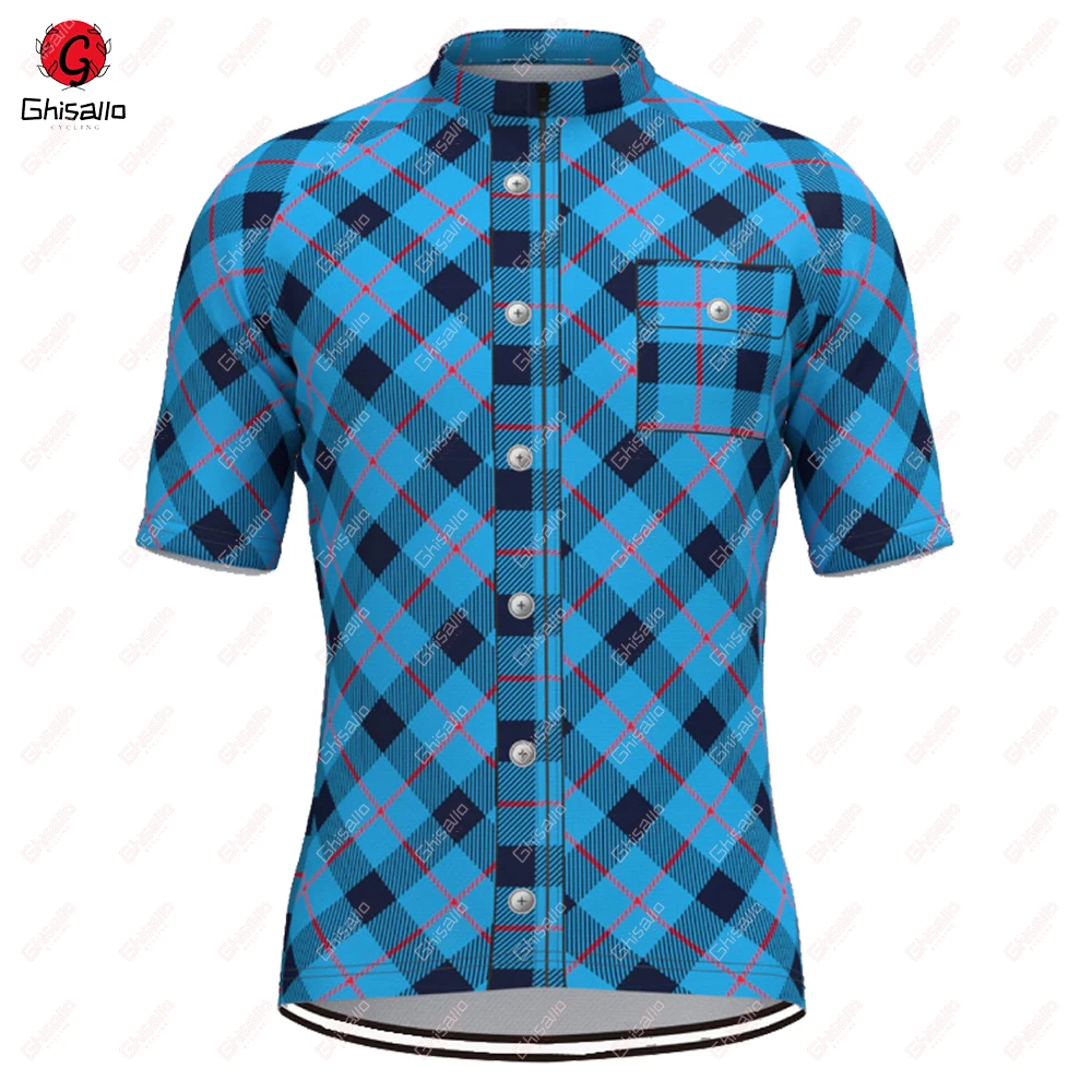 Plaid Checkered Cycling Jersey for Men, Short Sleeve, Reflective