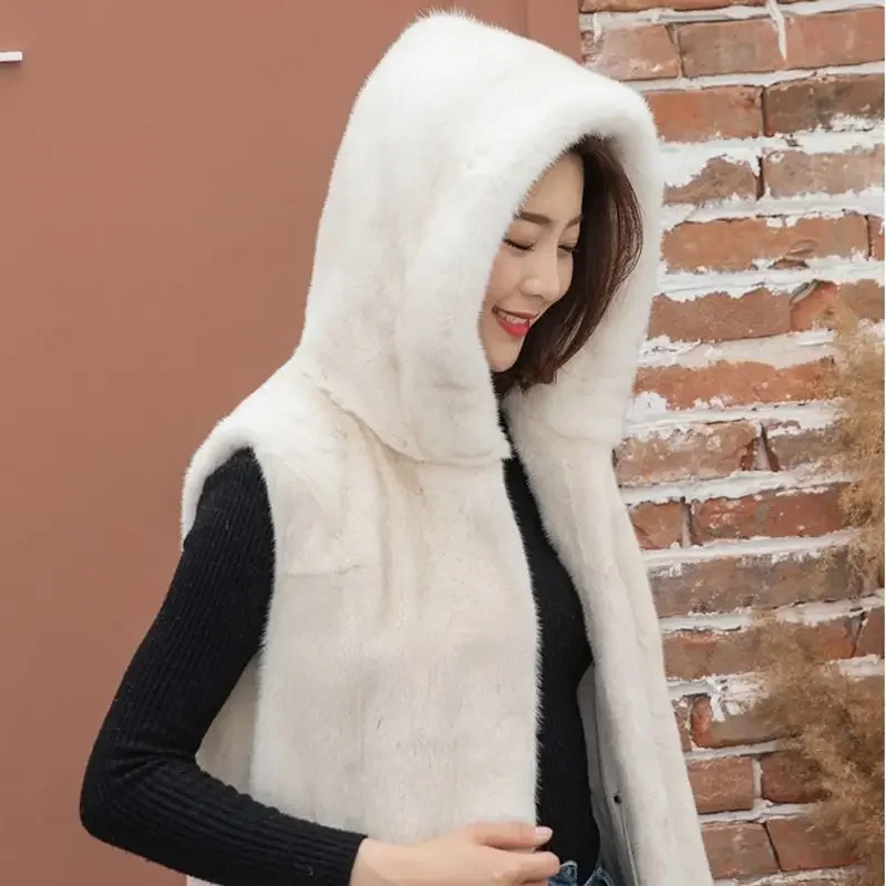 Fur Vest Women's Autumn and Winter New Korean Version Hooded Mid-length Solid Color High-end Jacket Warm Pocket Jacket Fur Coat