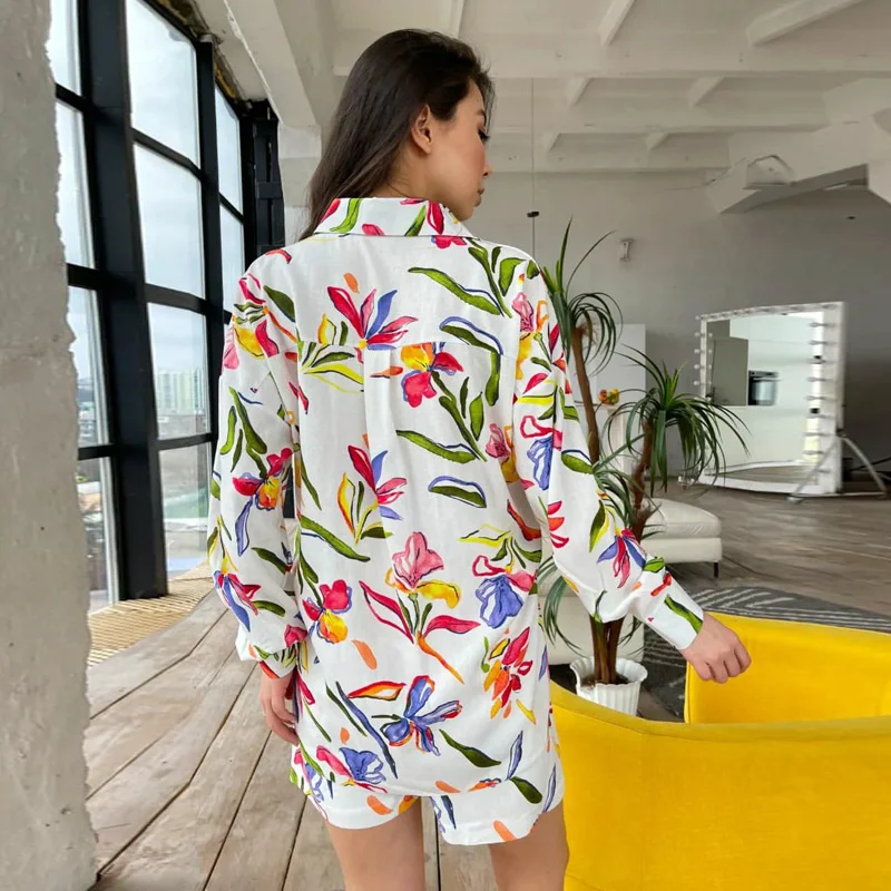 Summer 2 Piece Outfits Shorts Sets Long Sleeve Floral Print Shirts Lounge Set High Waisted Oversized Shirts And Shorts Tracksuit