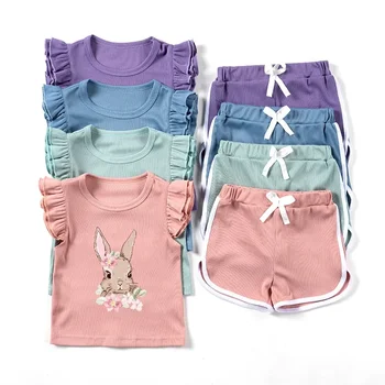 Cute Printed Baby Girl Set Summer New Fly-sleeved a maniche corte + pantaloncini in tinta unita Set per bambini abbigliamento Casual quotidiano 1