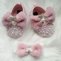 Dollbling Pink Furry Cute Bear Bow Bling Rhinestones Handmade Princess Newborn Baby Girl Shoes Wedding Party  Ballet DIY Infant 1
