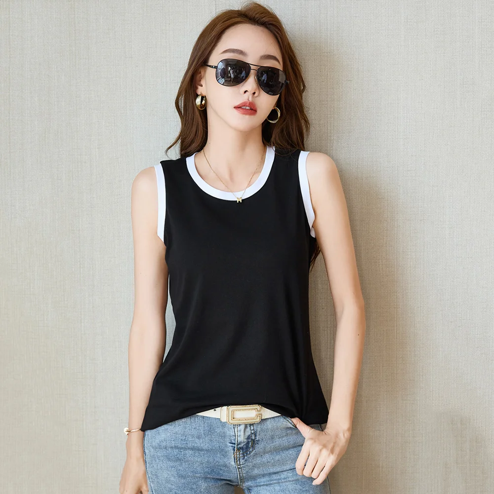 

New Women Summer Sleeveless T-shirt Fashion Patchwork Contrast Color O-Neck Loose Tank Tops Casual Simplicity Basic Black Vest