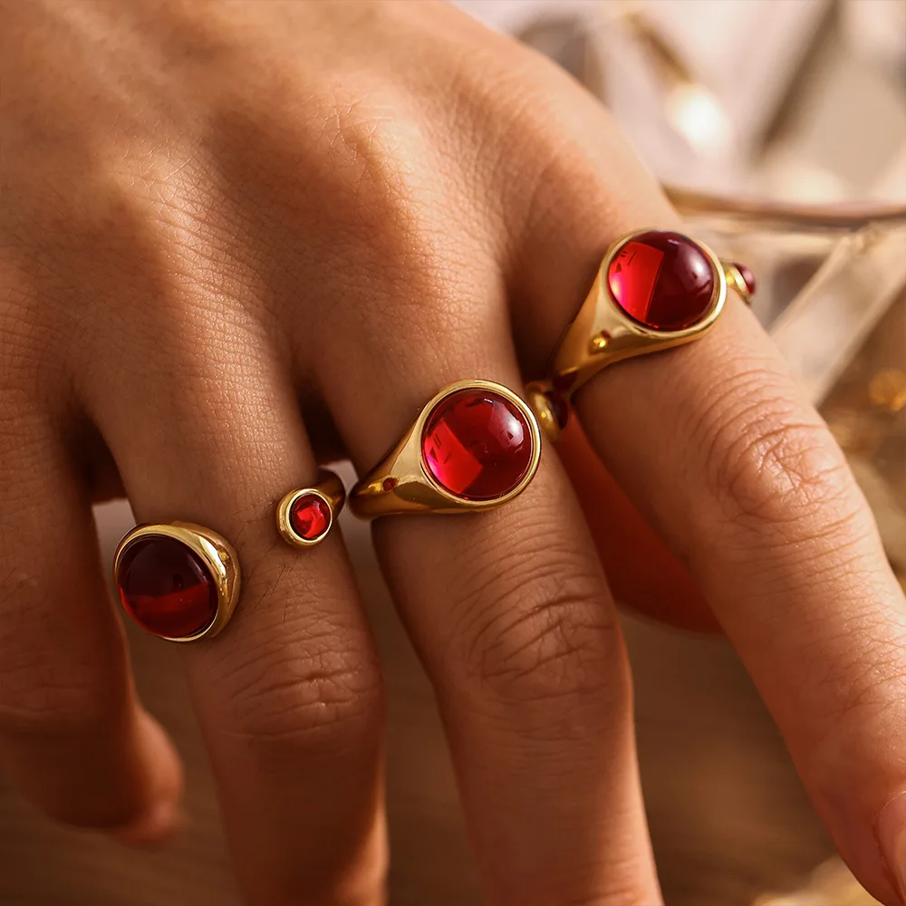 Garnet Red Gold Plated Stainless Steel Waterproof Ring - Luxury Jewelry Gift
