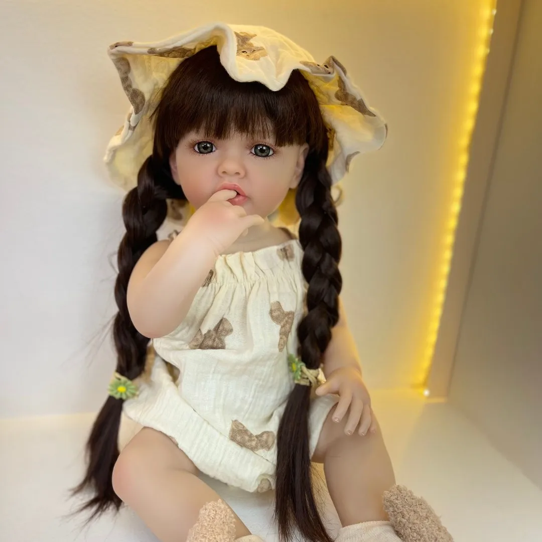 BZDOLL Realistic Lifelike Full Silicone Body Reborn Baby Girl Doll 55 CM 22inch Toy Princess Toddler Bebe with Brown Long Hair 4