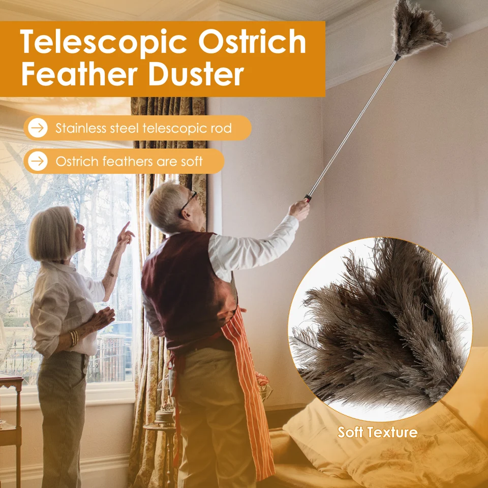 Extendable Ostrich Feather Duster - Telescoping Handle (21" To 75") For High Ceilings & Fans